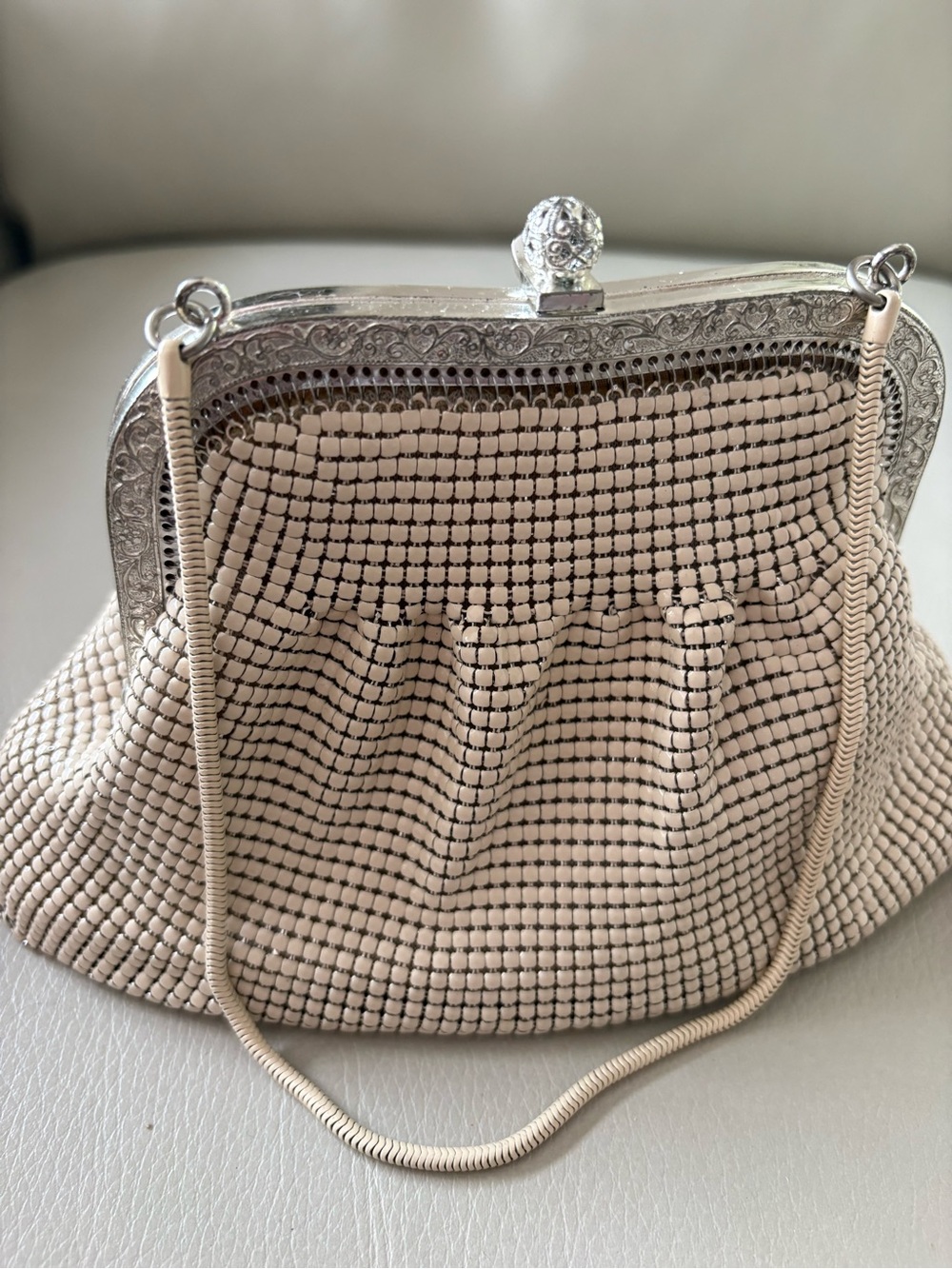Vintage Elegant Light Cream Evening Bag with Silver Frame